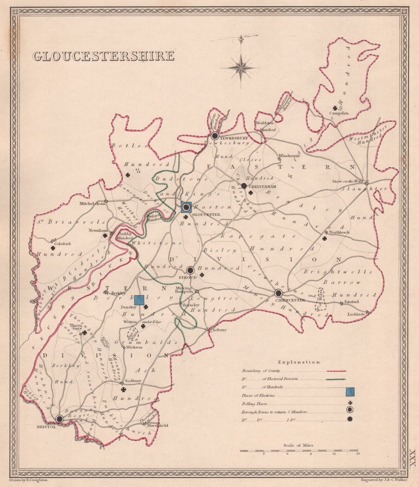 GLOUCESTERSHIRE antique county map by CREIGHTON/WALKER. Electoral 1835 old